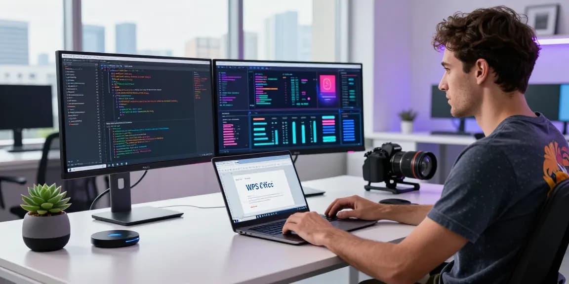 Dynamic workspace with WPS Download displayed on multiple screens and vibrant decor.