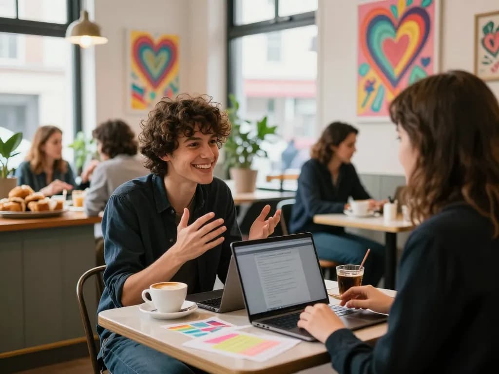 A vibrant cafe scene capturing the joy of having a crush on someone, with friends chatting over coffee, colorful notes, and a cozy atmosphere.