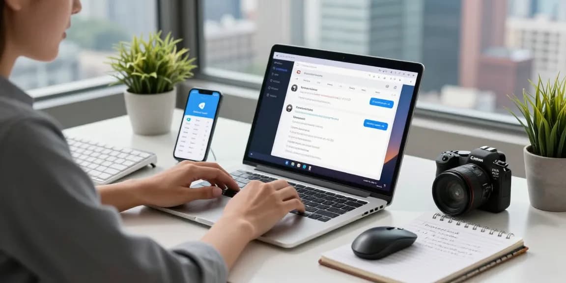 Telegram Download showcased on a modern laptop in a professional workspace, highlighting secure messaging features and digital communication.