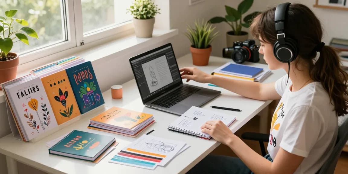 Designer creating custom printed notebooks at a vibrant workspace with colorful sketches and fresh prints.