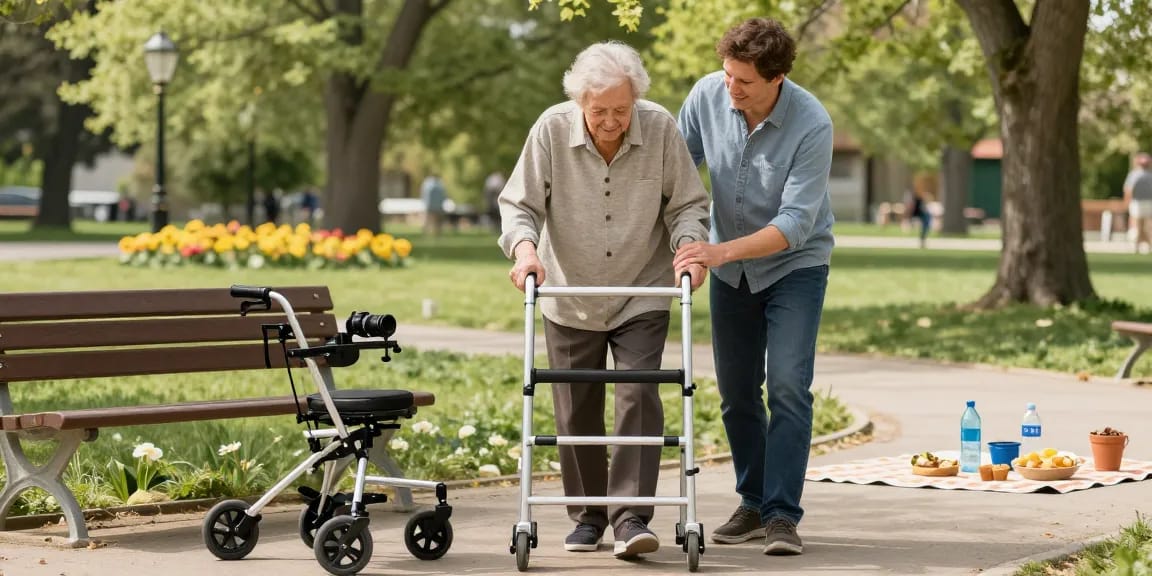Buy nobility aids in a serene outdoor scene with an elderly person using a walker, highlighting independence and support.