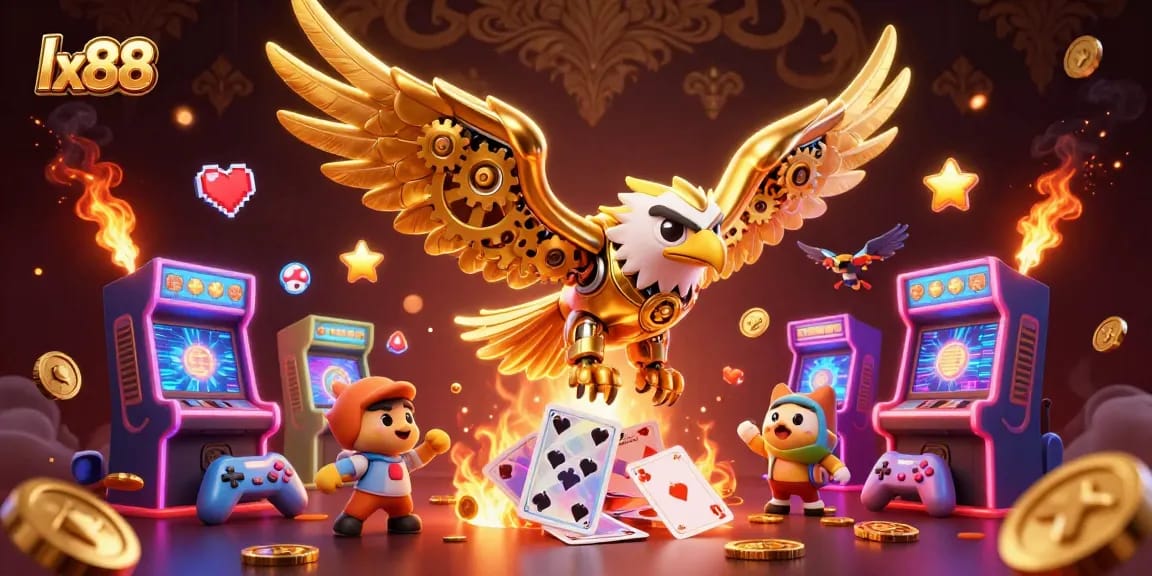 Experience thrilling gameplay at lx88 with golden eagle diving through holographic cards.
