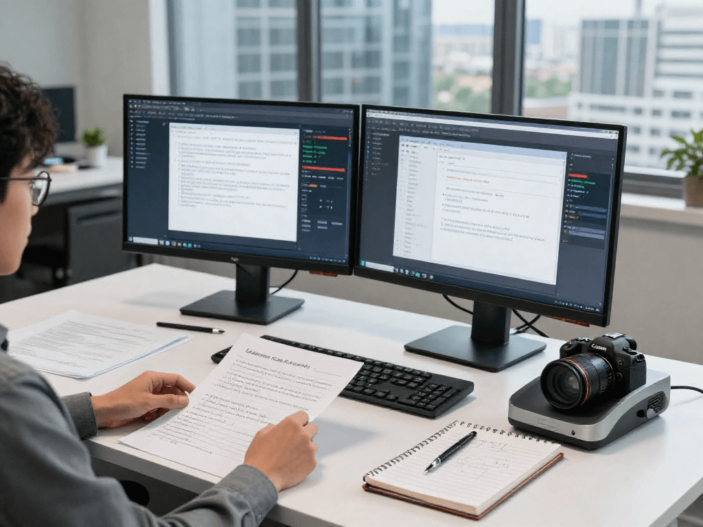 Document fraud detection analysis in a modern office, showcasing advanced AI software and analysis tools.