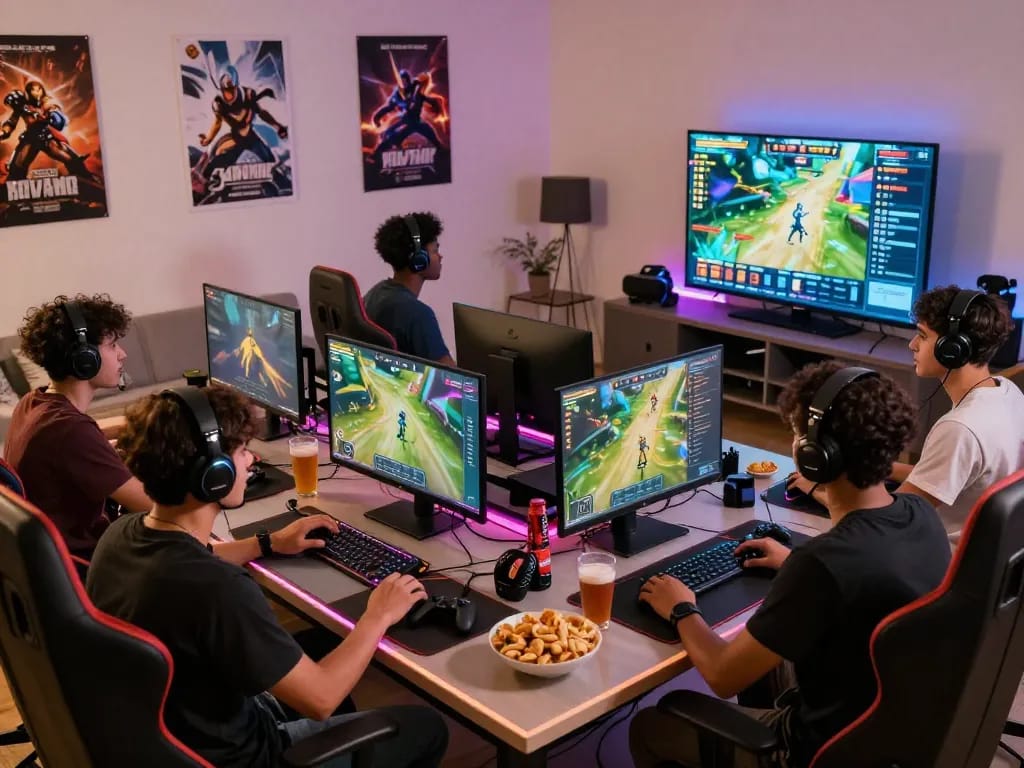 Friends enjoying competitive gaming together at https://bomwin.jp.net/ with snacks in a stylish living room.