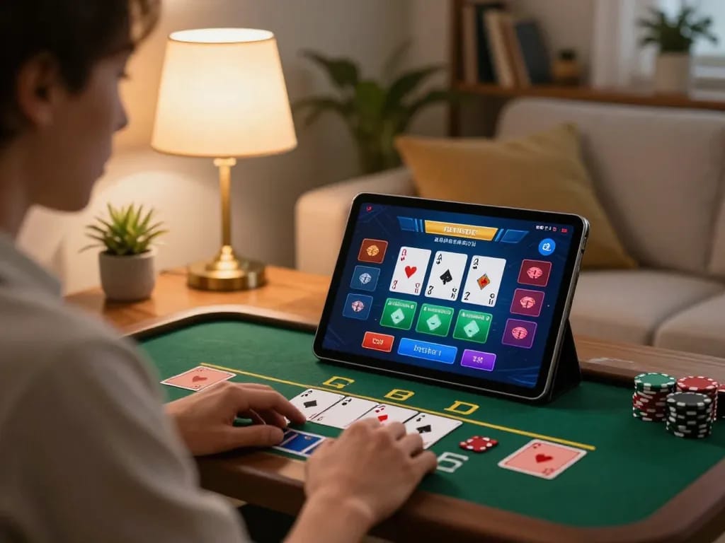 F8BET player enjoying live blackjack on tablet in a cozy home setting for strategic online gambling.