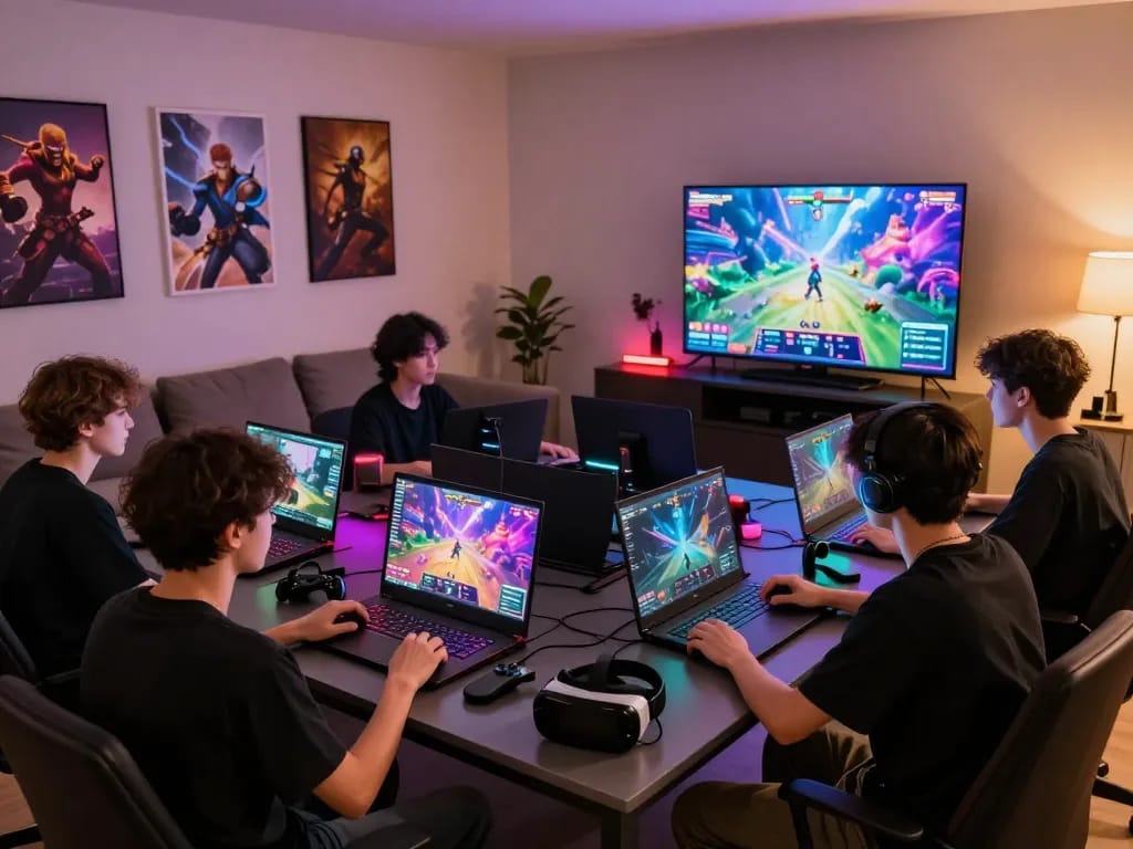 Group of gamers engaged in immersive gameplay at https://rikviprent.com, surrounded by vibrant graphics and high-tech equipment.