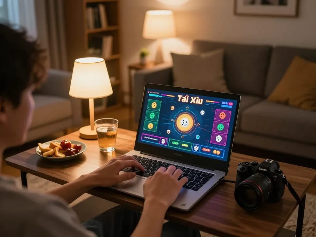 Engaging scene of a player enjoying Tài Xỉu online uy tín at home, illustrating responsible gaming