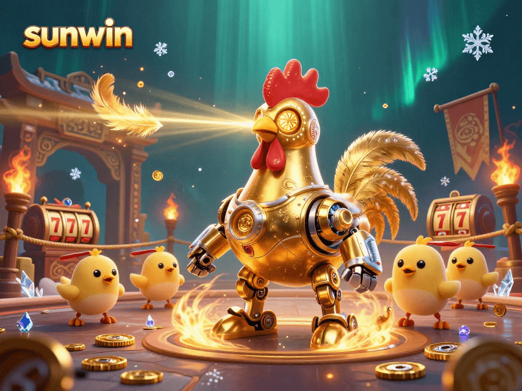 Experience the excitement of sunwin with a colorful 3D illustration of a golden rooster robot and chick drones, featuring slot reels and gold coins.
