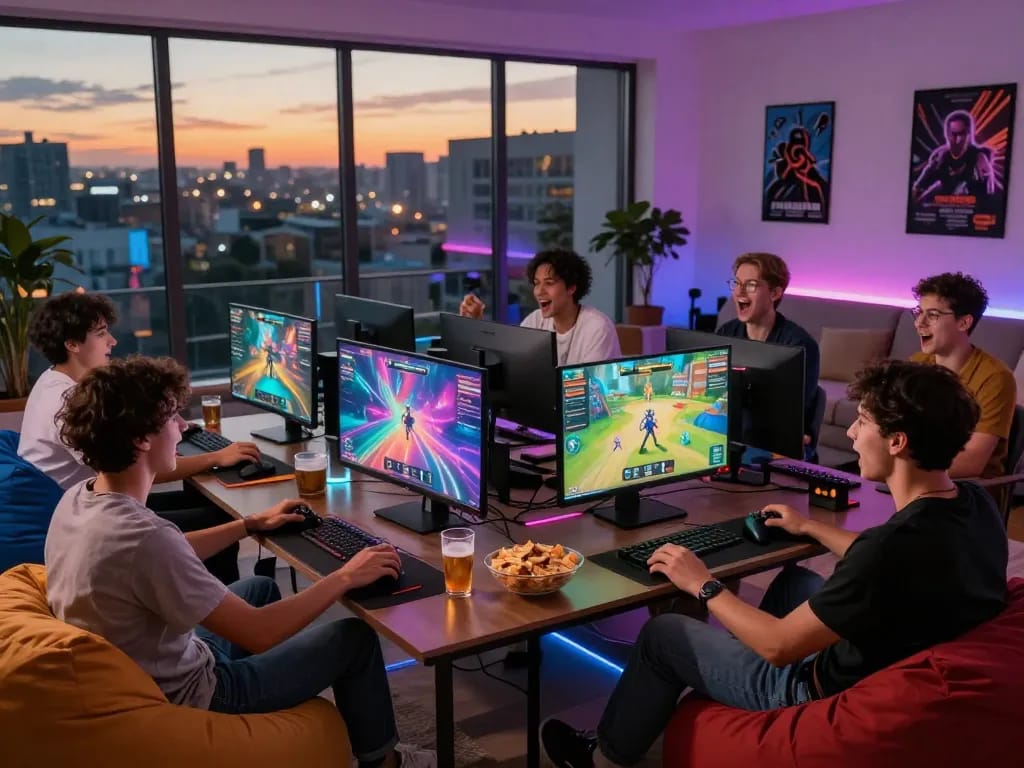 Group of friends gaming together in a modern setup at https://rikviprent.com, illuminated by vibrant LED lights and displaying dynamic game graphics.
