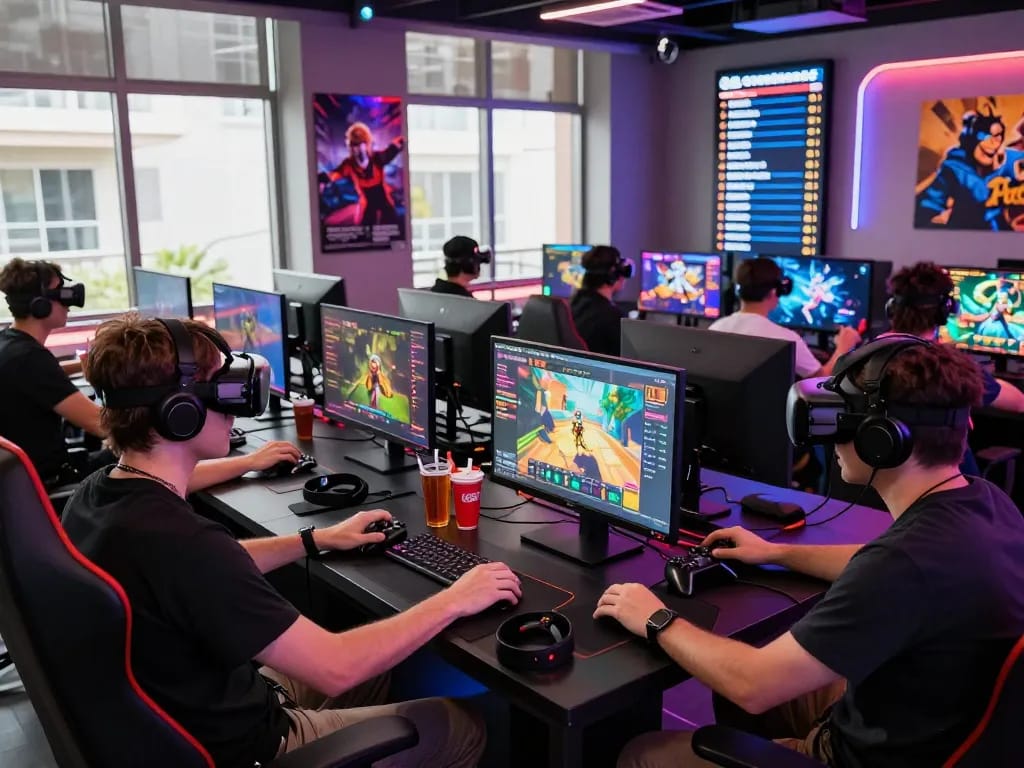 Engaging players at https://789clubweb.com/ enjoying diverse online games in a modern gaming lounge.