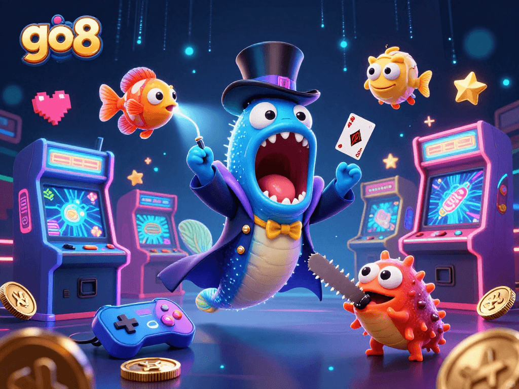 Go8 features a cartoon eel magician performing tricks in a vibrant, dynamic casino scene with amazing graphics.