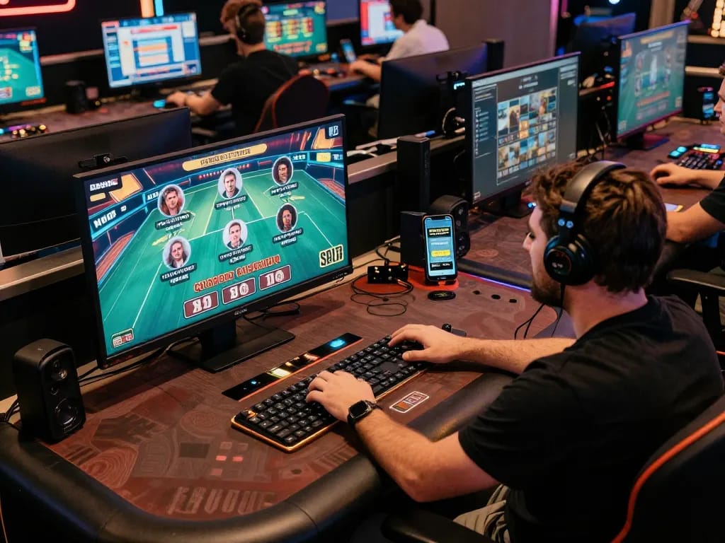 Engaging online gaming setup illustrating the link vào Net88 experience with multiple screens and live dealer action