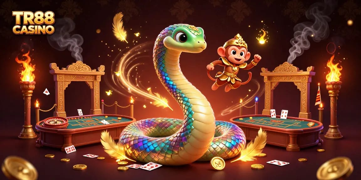 Experience TR88 CASINO with a vibrant digital scene featuring a rainbow serpent, monkey king, and lively casino elements.