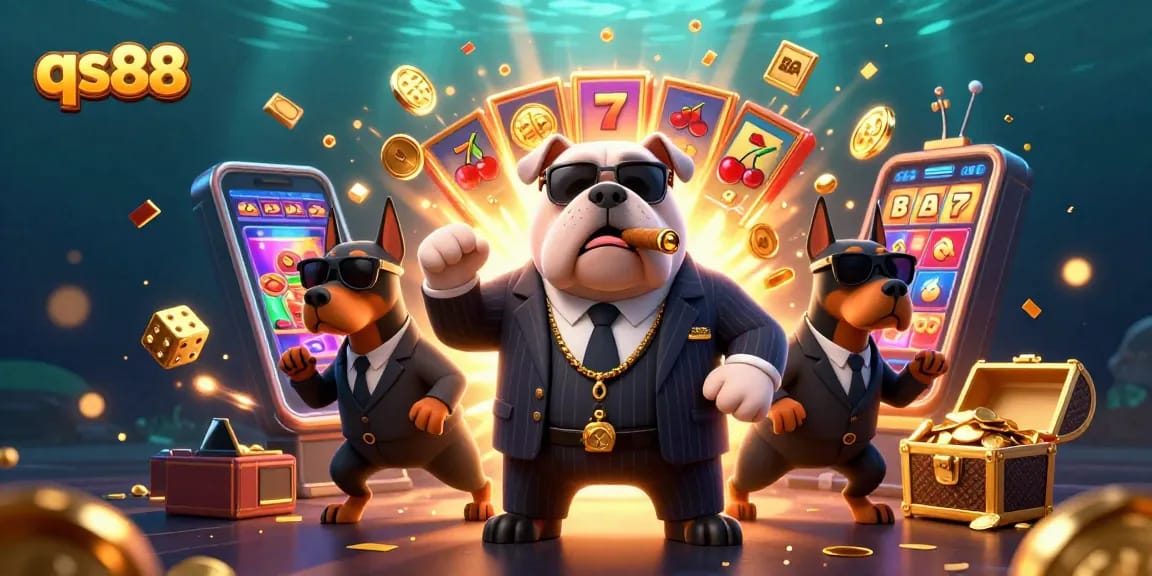 qs88 showcases a thrilling casino scene with a mafia bulldog and dynamic slot elements for high-quality gambling excitement