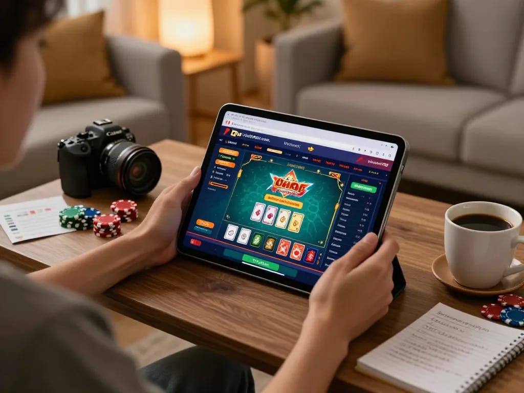 Playing online casino games on https://nk88net.com/ from a cozy home setup with a tablet