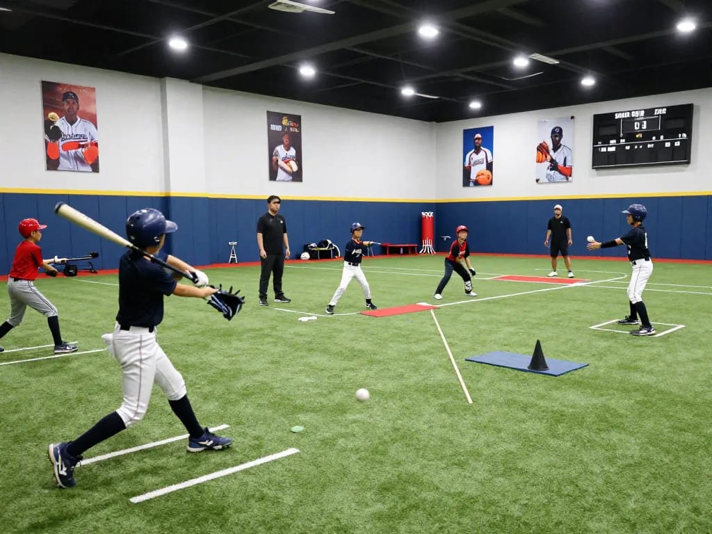 Youth players training at Hitclub baseball facility, showcasing action and teamwork.