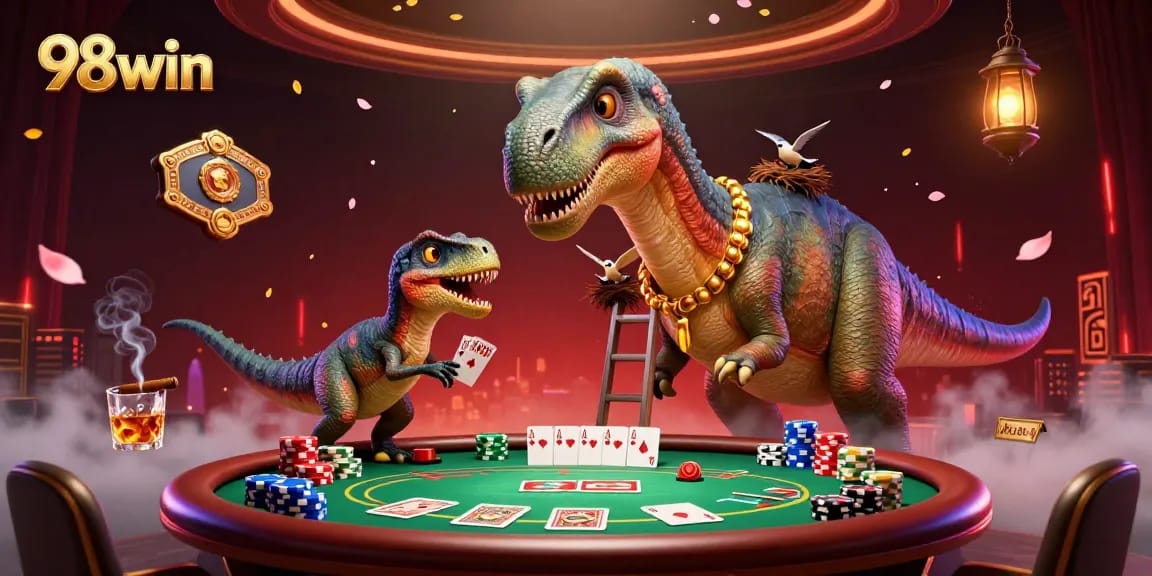 Engage with 98win's vibrant 3D casino scene showcasing thrilling poker action.
