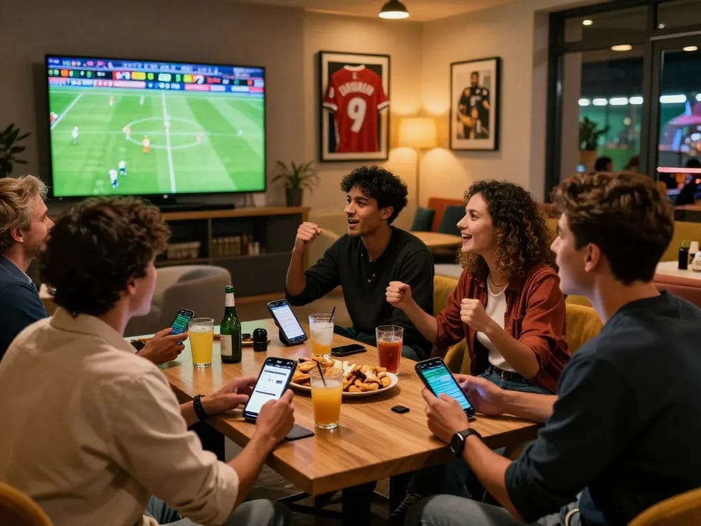 Excited friends discussing tỷ lệ kèo while watching a live football match in a modern lounge.