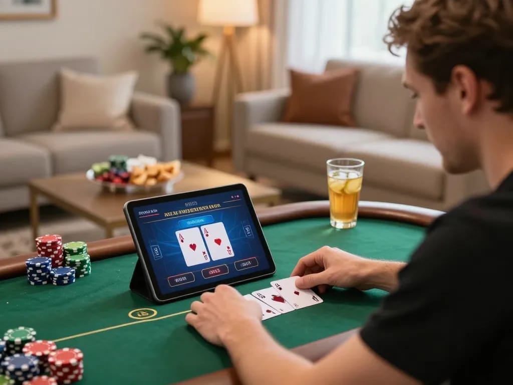 Player engages in online poker at https://oxbet.cn.com/ with excited expression and visible cards on tablet screen.