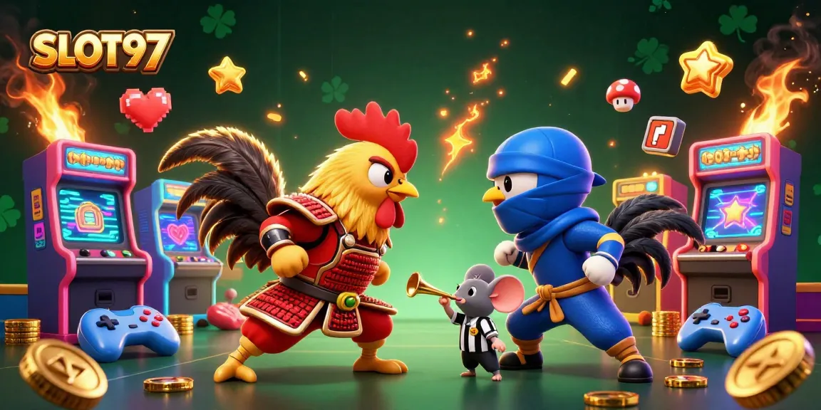 SLOT97 showcases thrilling cartoon roosters in a standoff, enhanced by vibrant casino elements.