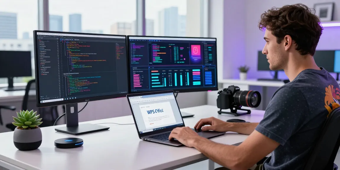 Dynamic workspace with WPS Download displayed on multiple screens and vibrant decor.