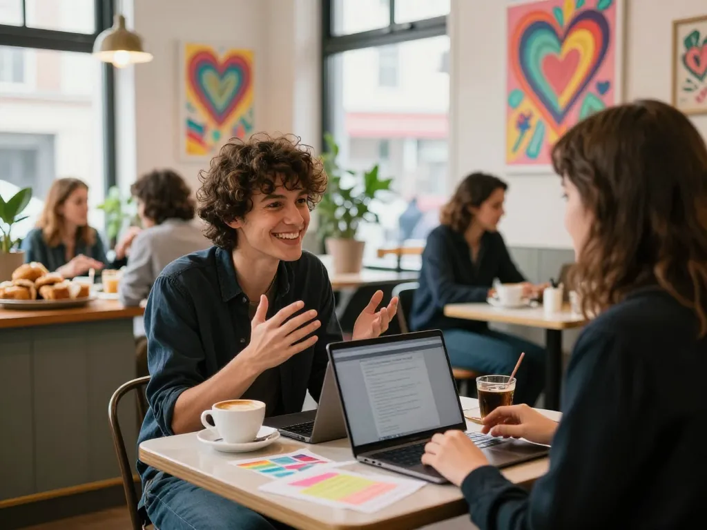 A vibrant cafe scene capturing the joy of having a crush on someone, with friends chatting over coffee, colorful notes, and a cozy atmosphere.