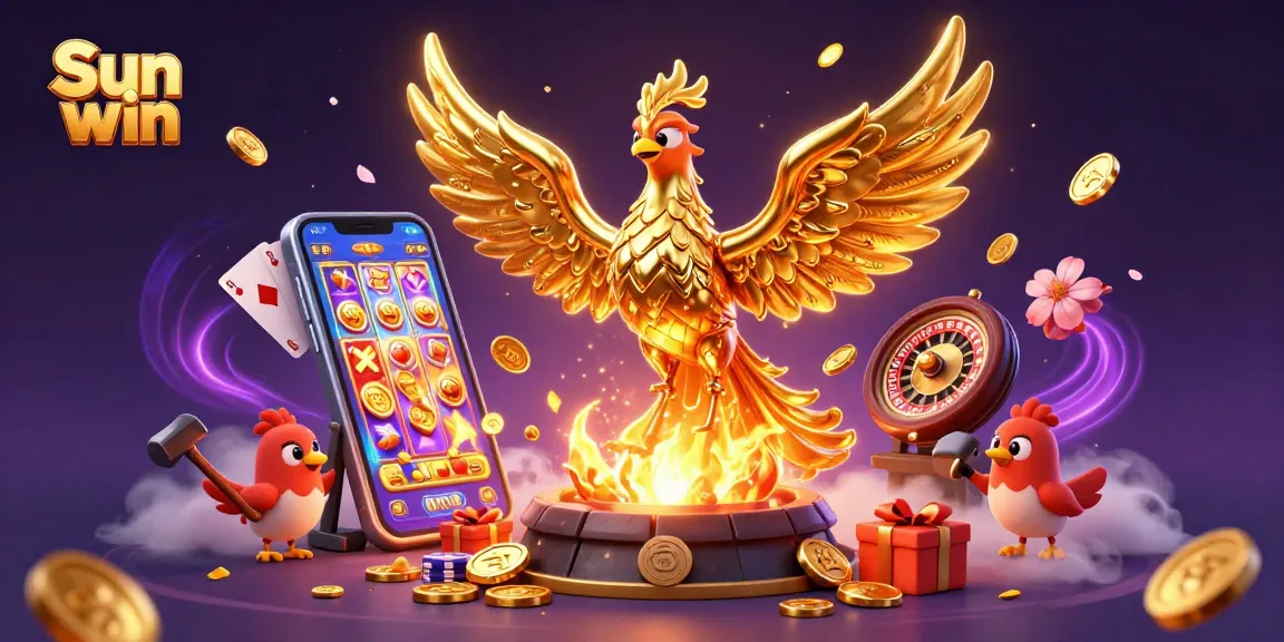 Experience thrilling gameplay with Sun win and a golden phoenix amidst vibrant casino elements.