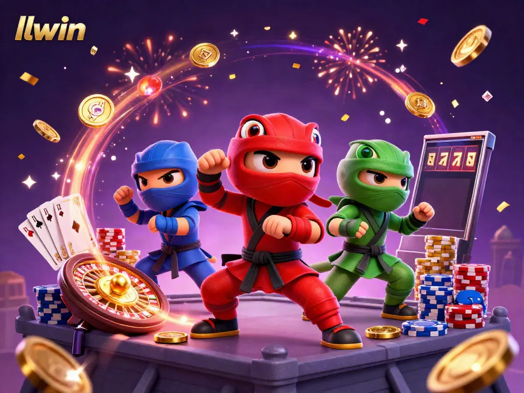 llwin showcases ninja chameleons amidst a vibrant casino scene filled with golden coins and sparkling gems.