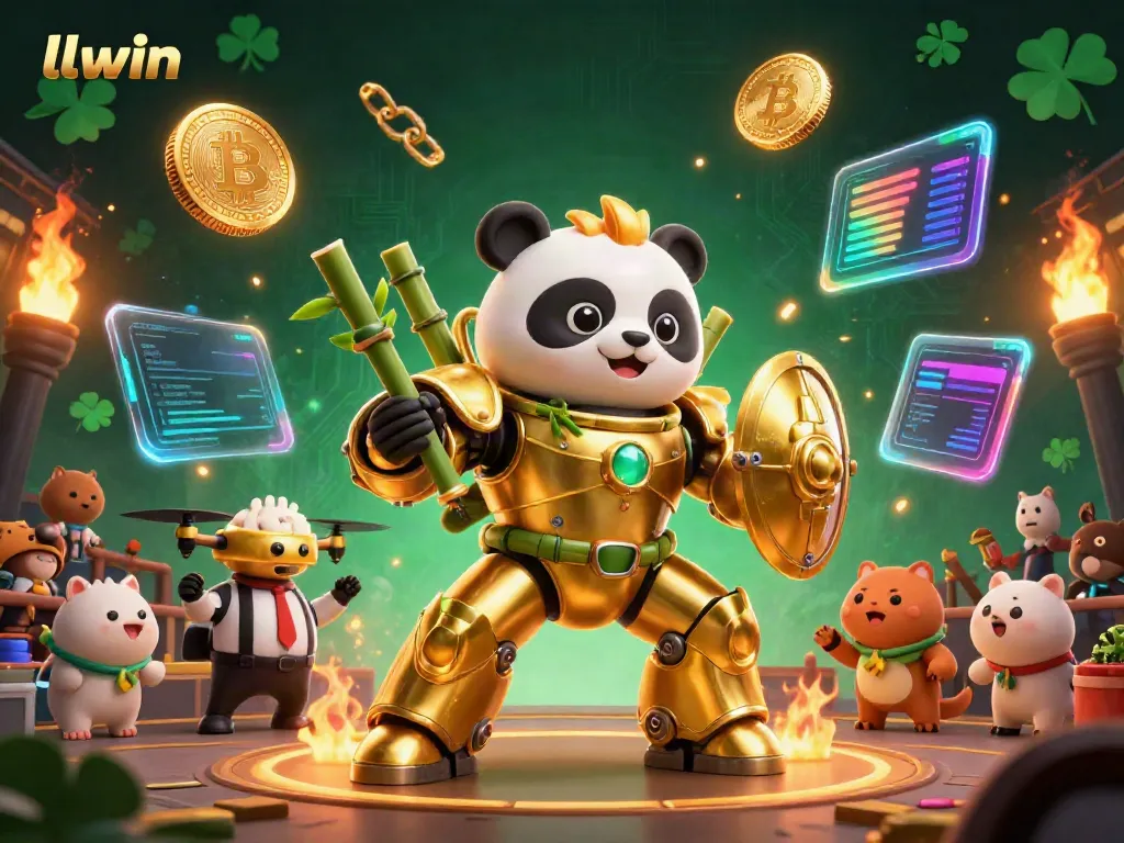 Engage with llwin in a dynamic casino arena featuring an energetic mech-suit panda robot.