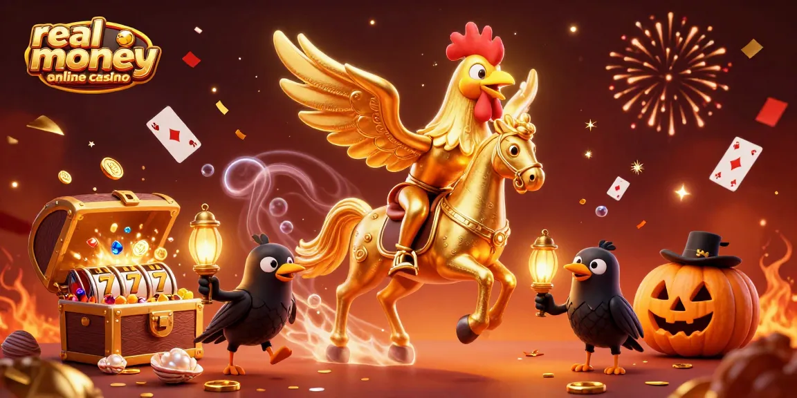 Experience the thrill of a real money online casino with a dynamic scene featuring a golden rooster and festive elements.