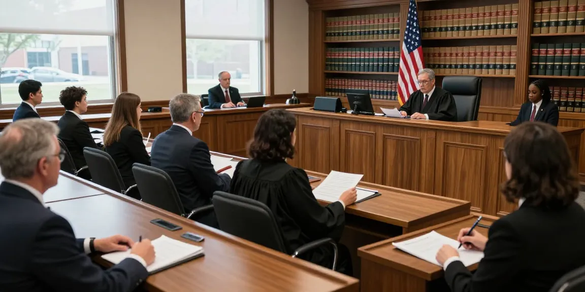 Dynamic courtroom scene at https://www.bahamasjudiciary.com with judge, attorneys, and jury engaged in trial process.