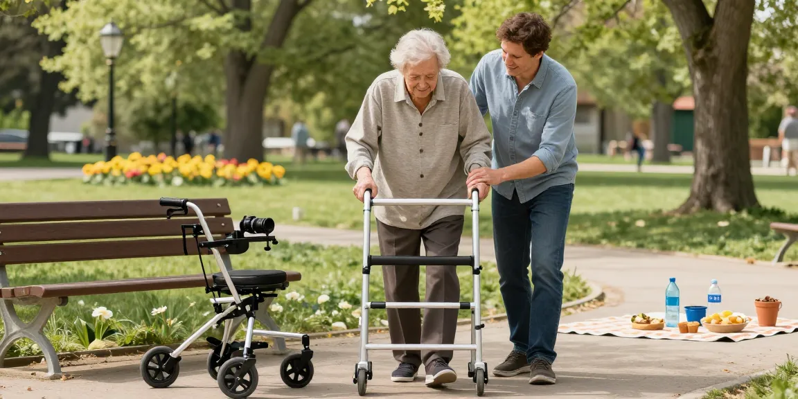 Buy nobility aids in a serene outdoor scene with an elderly person using a walker, highlighting independence and support.
