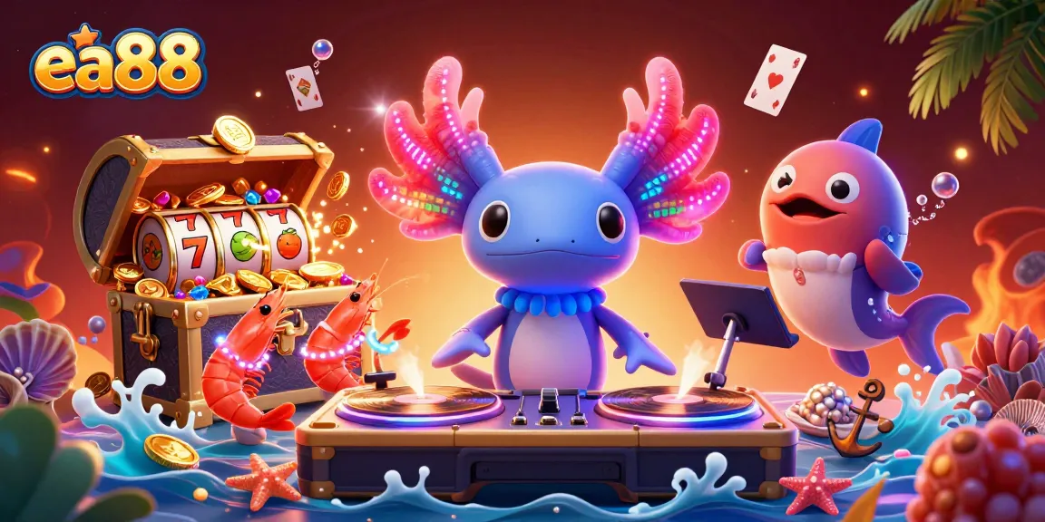Spin and win with ea88 as axolotl DJ creates a vibrant casino underwater scene