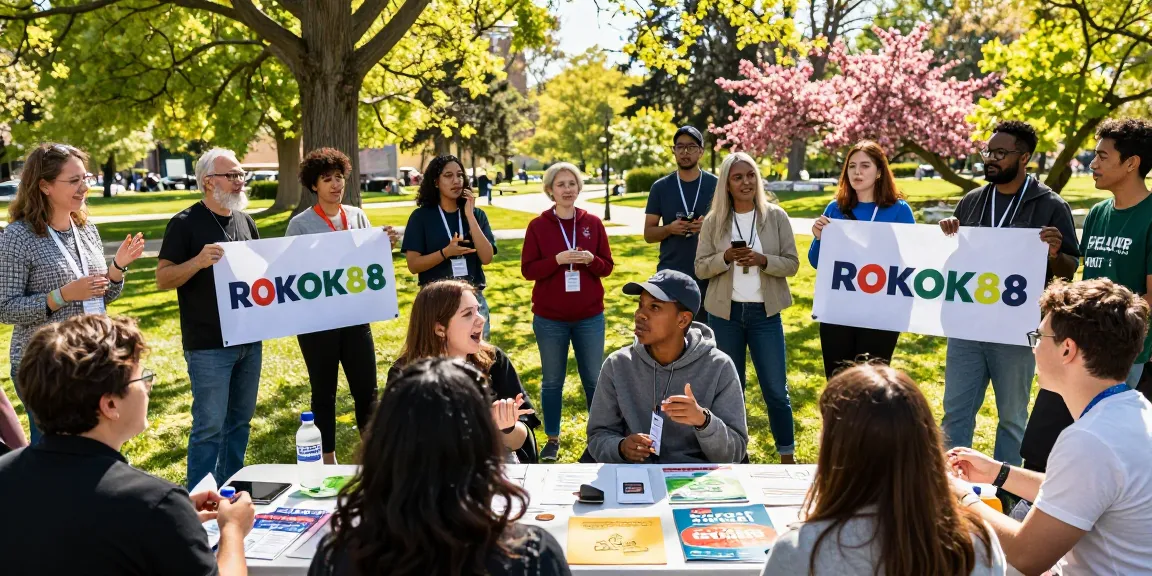 Engaged community members promoting ROKOK 88 campaign in a vibrant park.