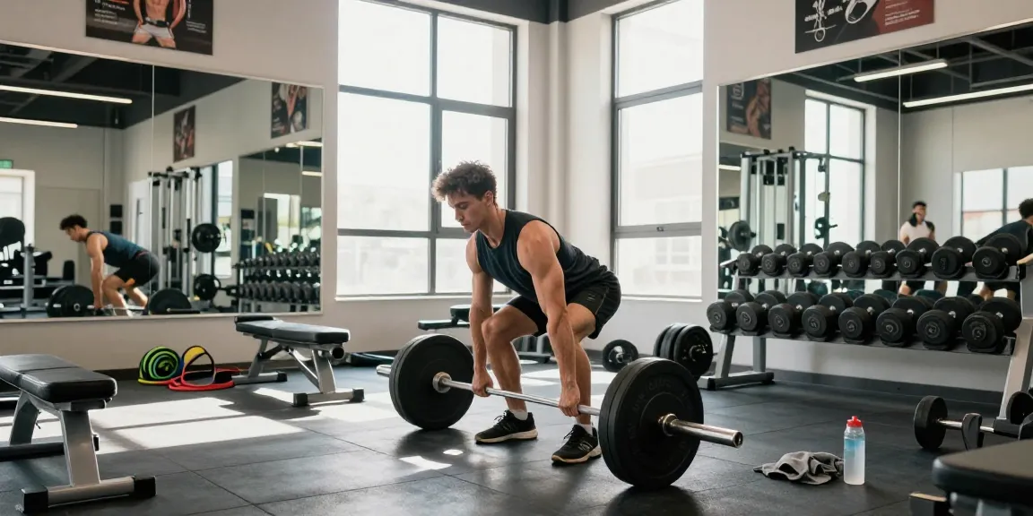 Athlete performing deadlifts in a bright gym, Steroide Boutique promotes strength training.
