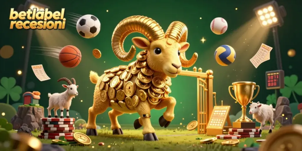Engage with betlabel recensioni featuring a powerful golden ram charging past sports elements and trophies in an immersive scene.