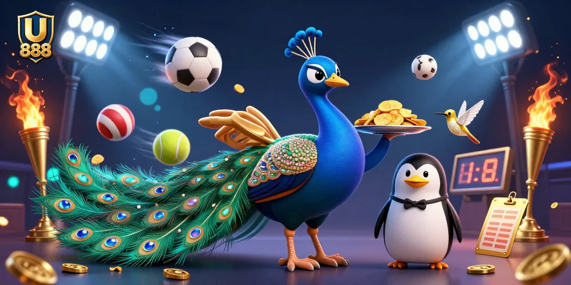 Experience big wins with U 888, featuring a vibrant 3D casino scene bursting with games and excitement.