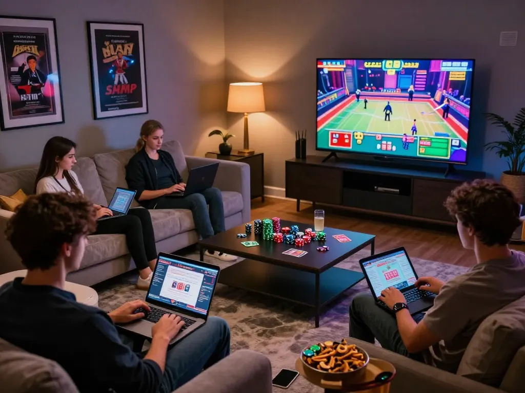 Online gaming excitement with players engaged at home using sunwin20, showcasing vibrant atmosphere and game elements.