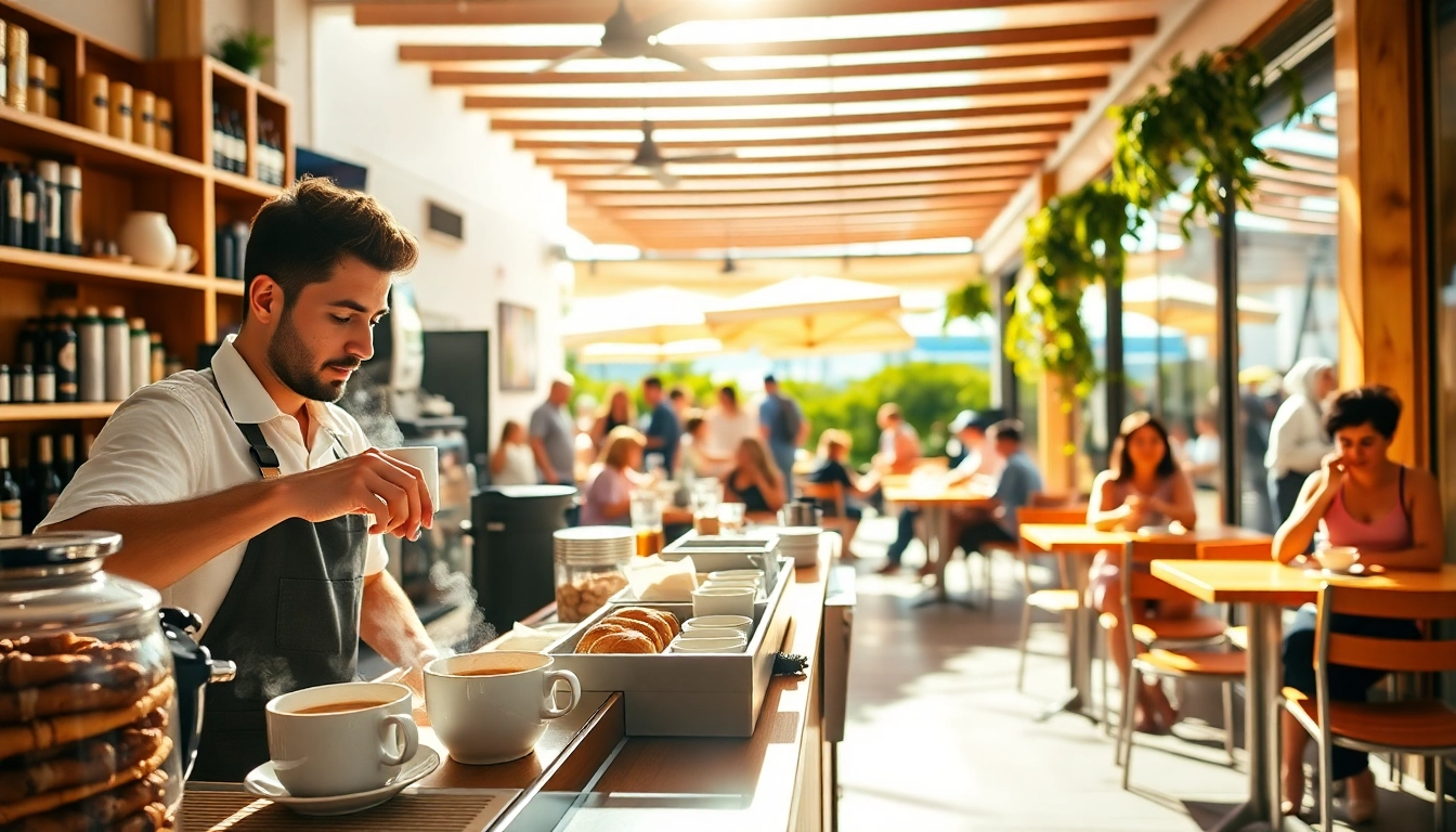 Enjoying coffee in a lively Coffee shop lloret de mar with barista and happy customers.