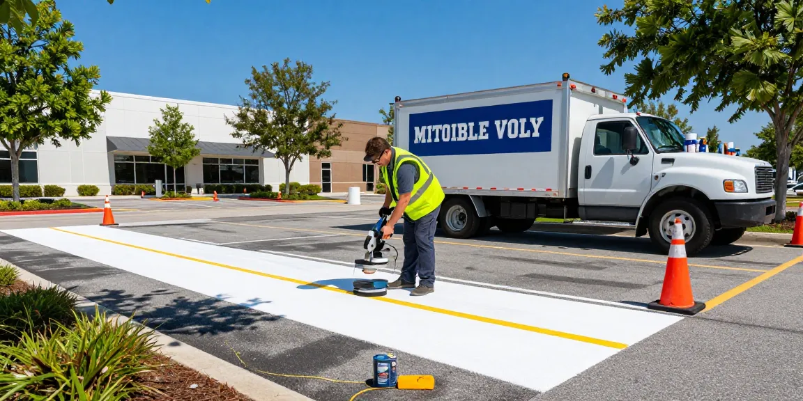 Parking lot striping contractor mobile al, skilled worker applying fresh lines to asphalt with precision equipment in sunny Mobile, Alabama.