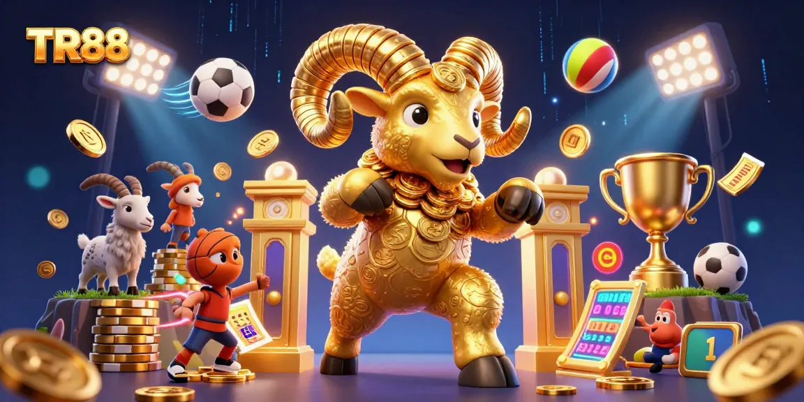 TR88 displays an exciting scene with a golden ram charging at a game-filled gate, symbolizing thrilling gaming action.