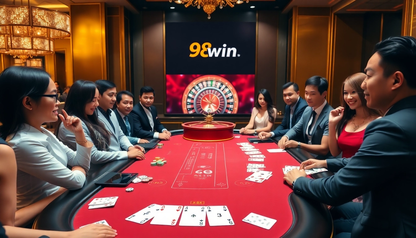 Players enjoying a thrilling game of Blackjack at 98win casino, surrounded by colorful chips and cards.