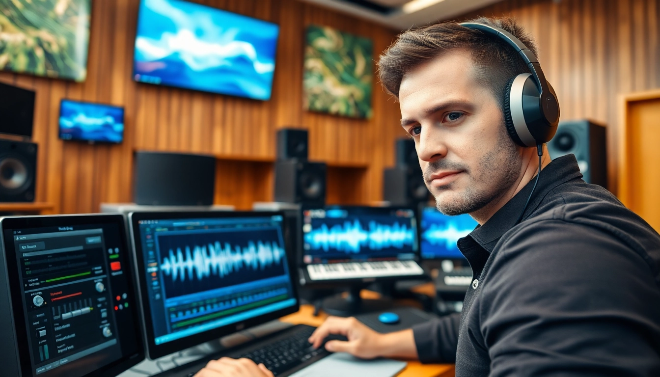 Engaged audio engineer performing online audio mastering in a professional studio environment.