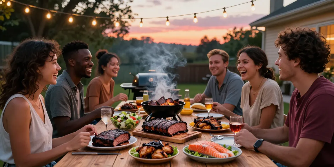 Group enjoying delicious rokok88 daftar smoked meats at backyard BBQ gathering