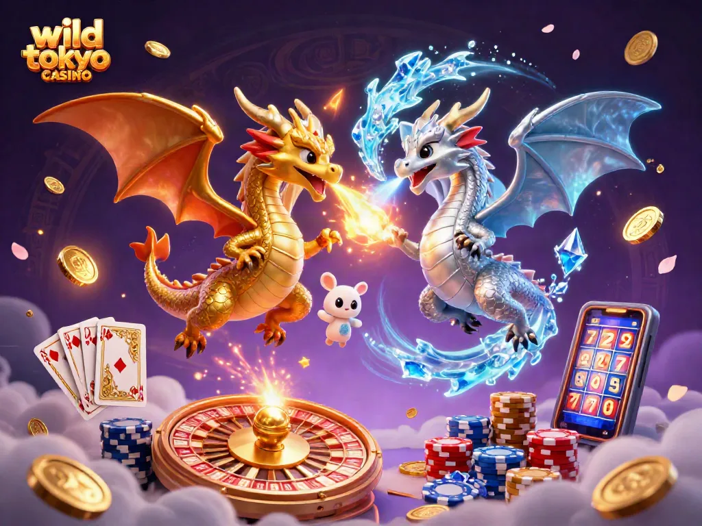 Experience the thrill of wild tokyo casino with dynamic dragons and playful gaming elements in this captivating illustration.