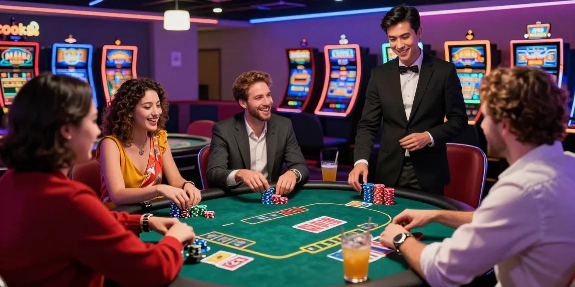 Group of friends enjoying rokok88 gaming experience at vibrant poker table, lively atmosphere.