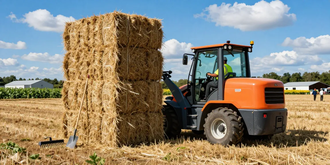 Farm electric loader stacking hay bales in bright field environment.