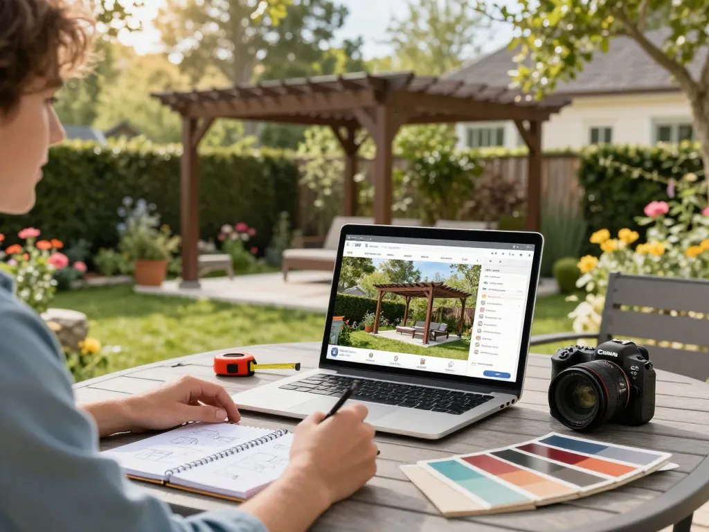 Configuratore per pergole con preventivi automatici in un bellissimo giardino, che mostra design e creatività all'aperto.
