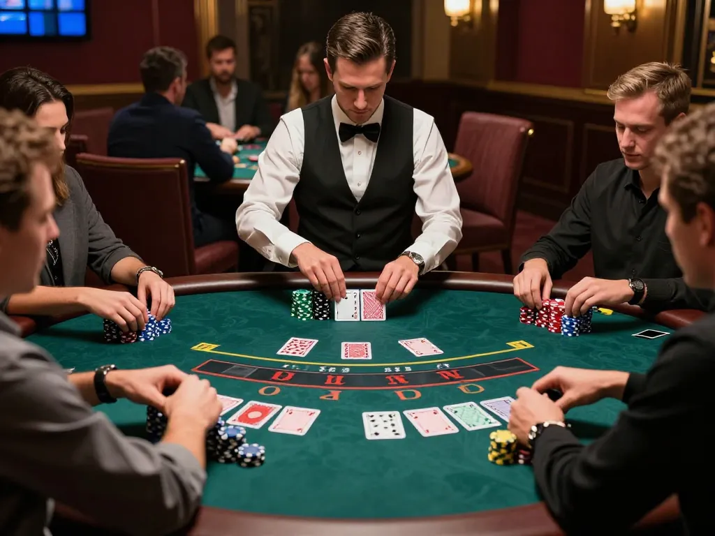lu88 players placing bets at an elegant blackjack table in a vibrant casino atmosphere