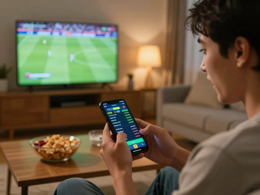 Engaged player using LC88 app for live sports betting during a football match.
